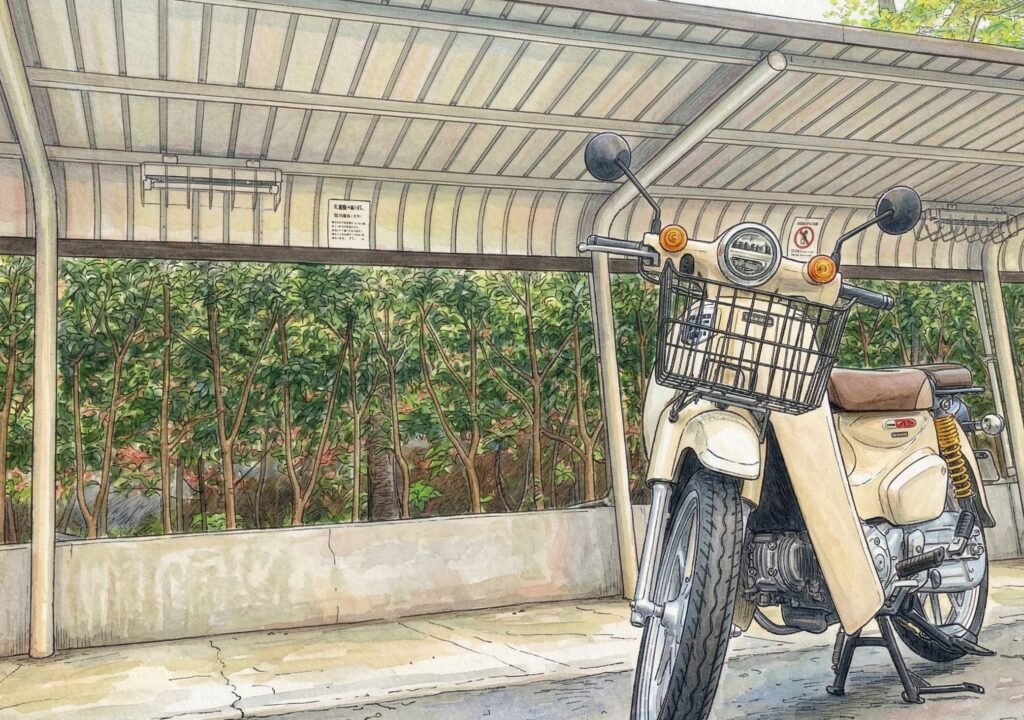 ルーフ付き駐輪場とスーパーカブ（JA59）